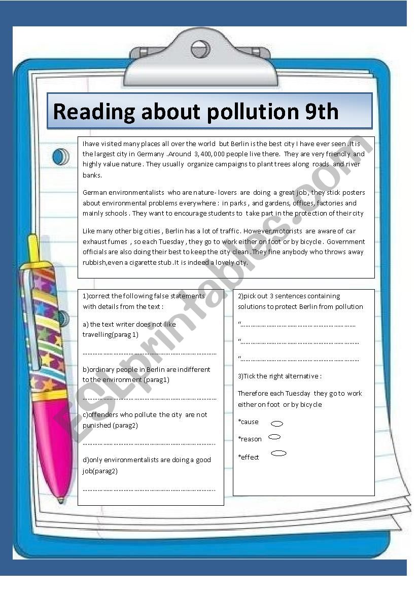 Reading about pollution 9th worksheet