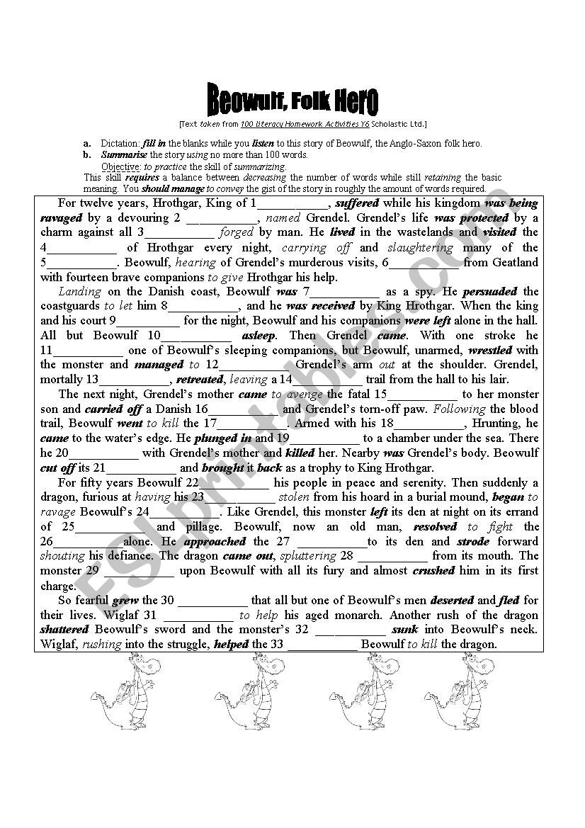 BEOWULF, FOLK HERO.  WHILE-LISTENING GAP FILLING TASK & KEY