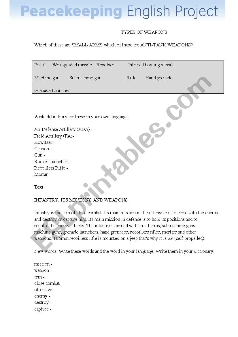 TYPES OF WEAPON worksheet