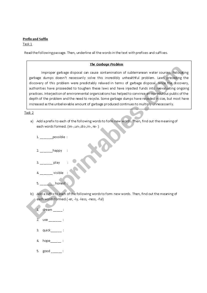 Prefix and Suffix worksheet