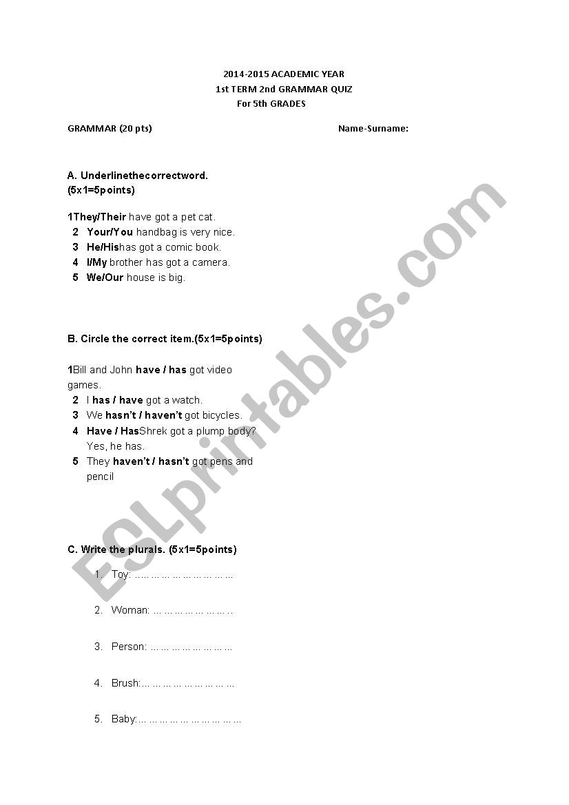 quiz for elementry level worksheet