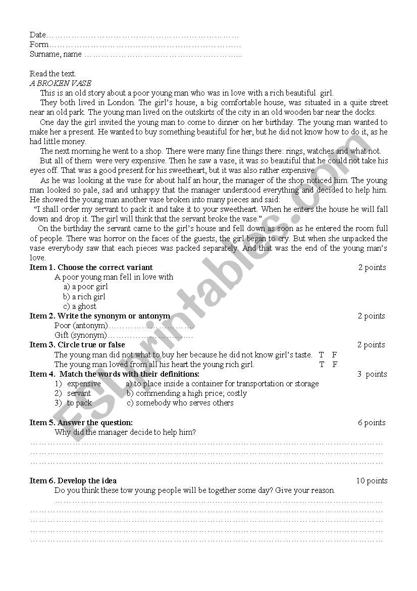 A  BROKEN VASE TEXT  worksheet