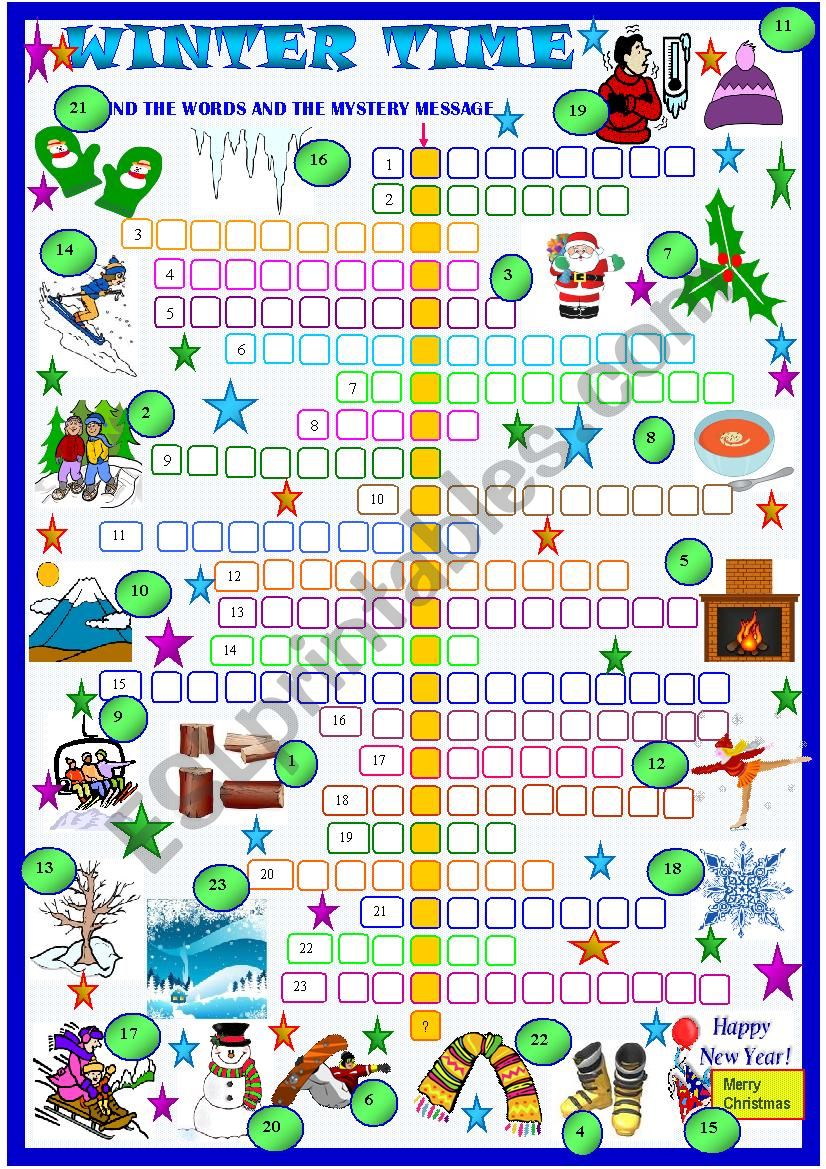 Winter, crossword puzzle worksheet