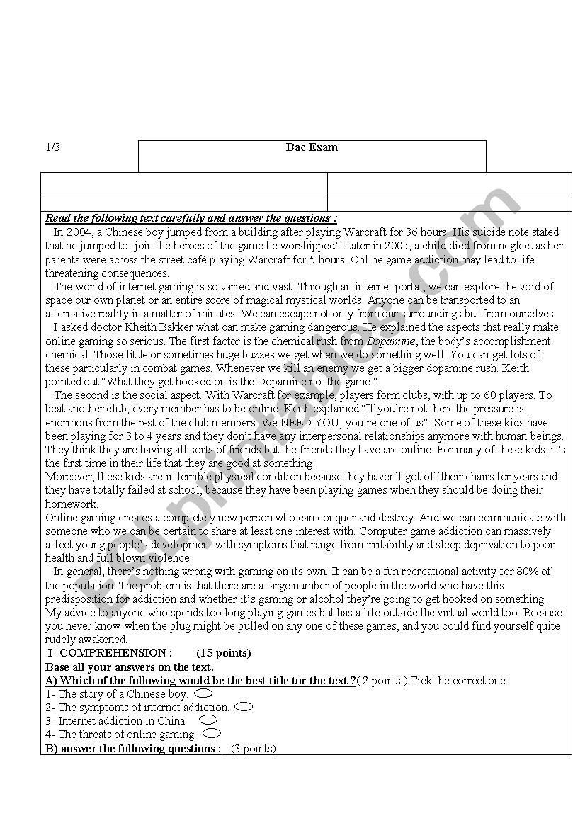 English Bac Exam worksheet