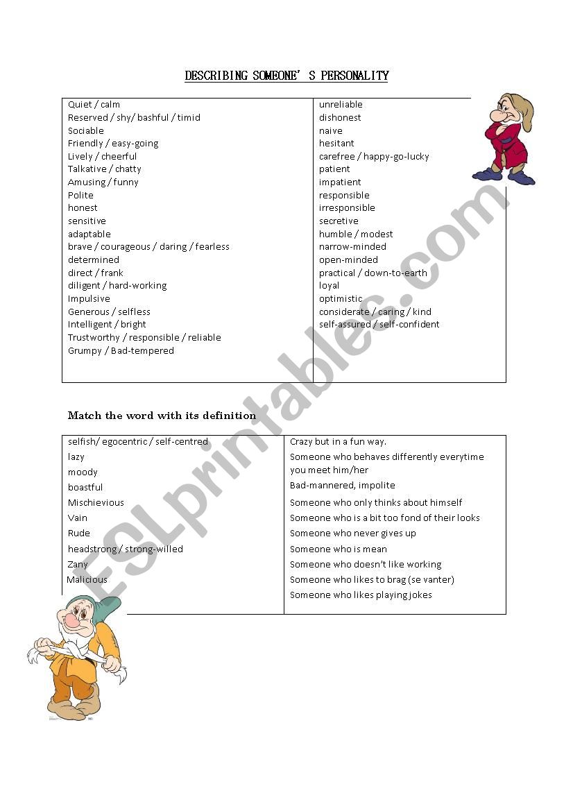 Describing personality worksheet