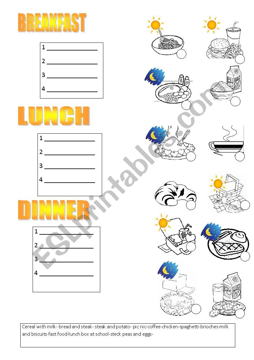breakfast, lunch and dinner worksheet