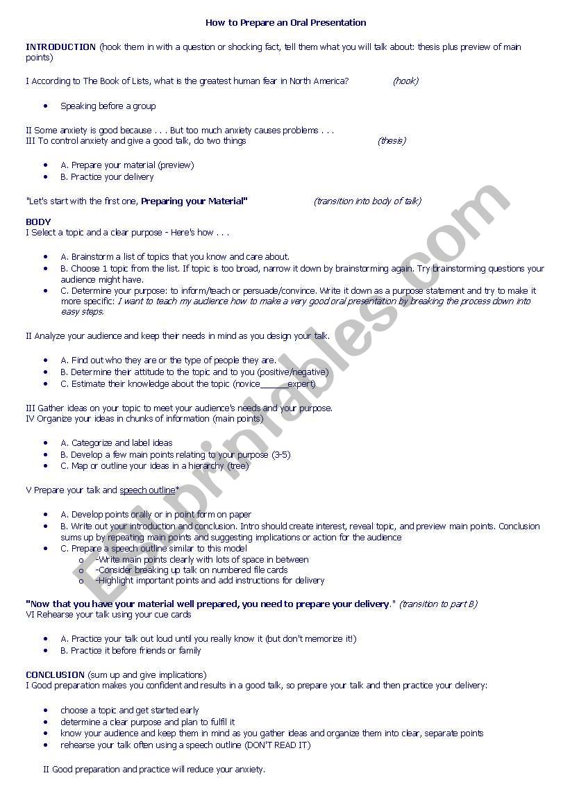 Oral Presentations worksheet