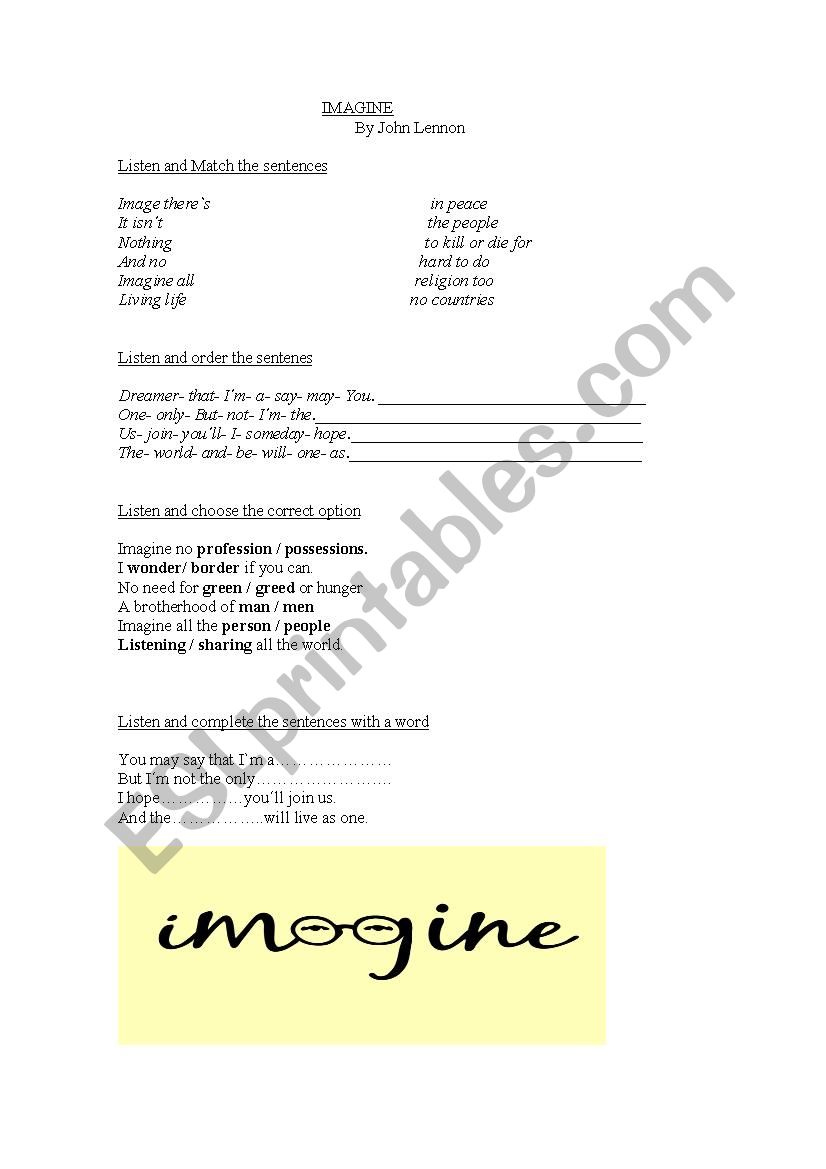 Imagine (activity) song worksheet