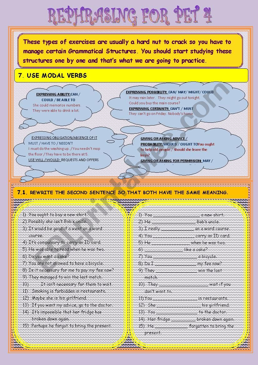 REPHRASING FOR PET NÂº 4  worksheet