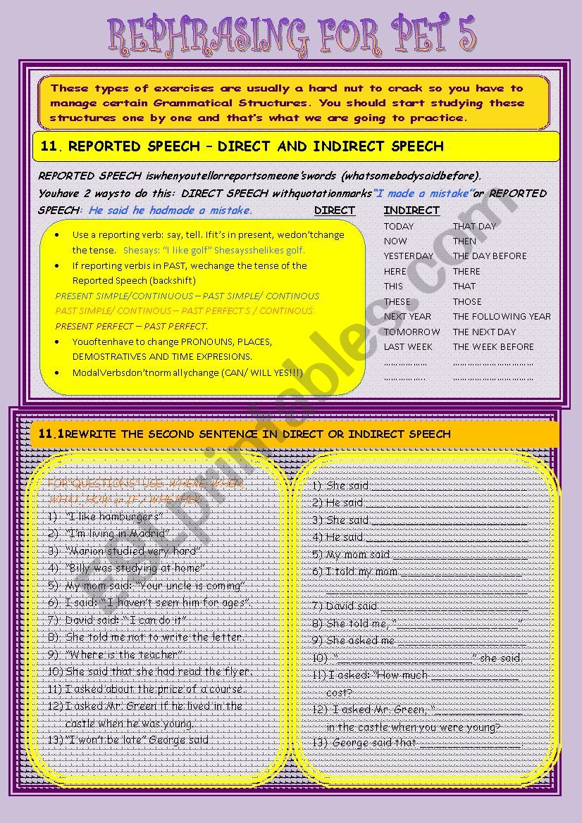 REPHRASING FOR PET NÂº 5  worksheet