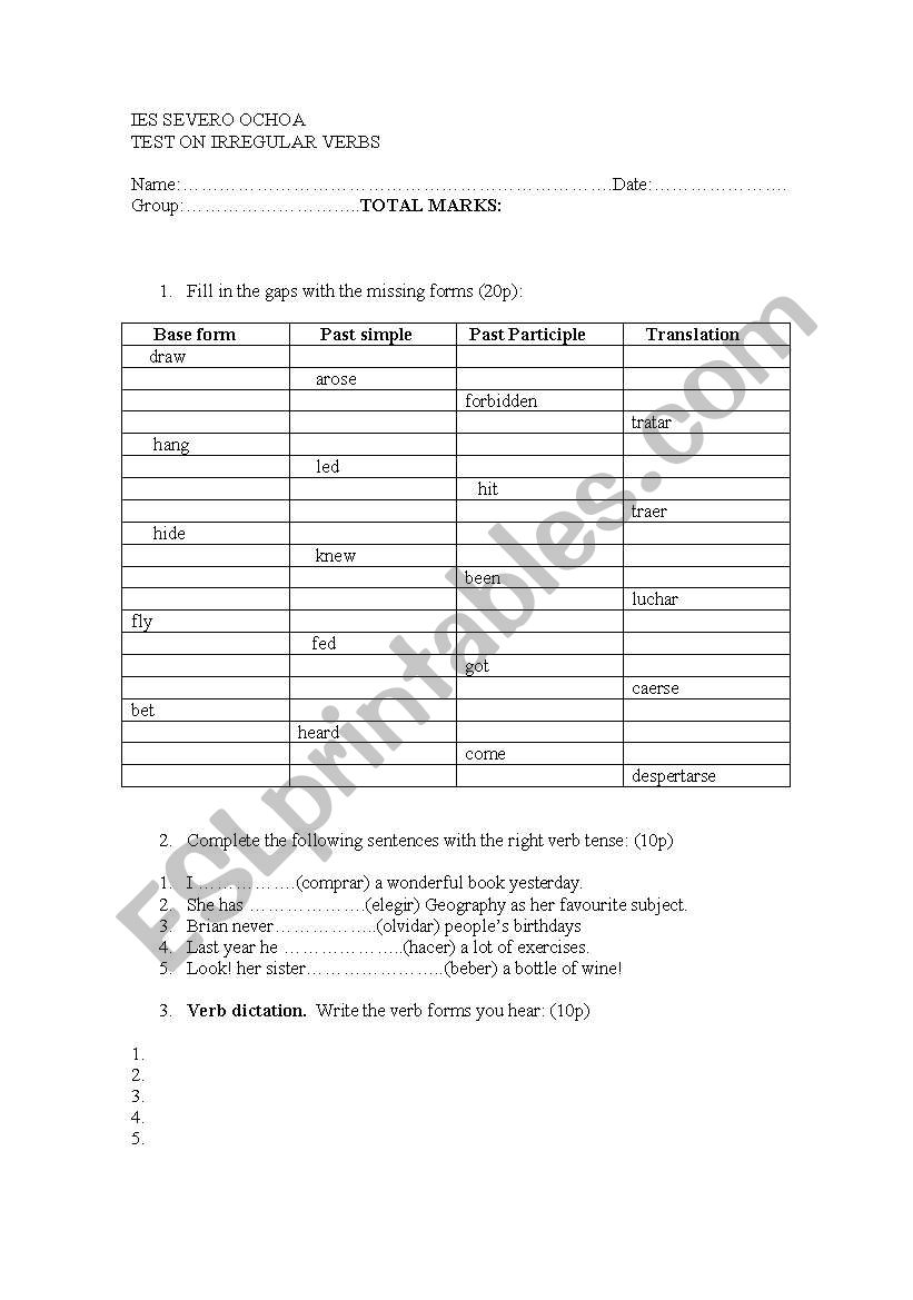 IRREGULAR VERBS TEST worksheet