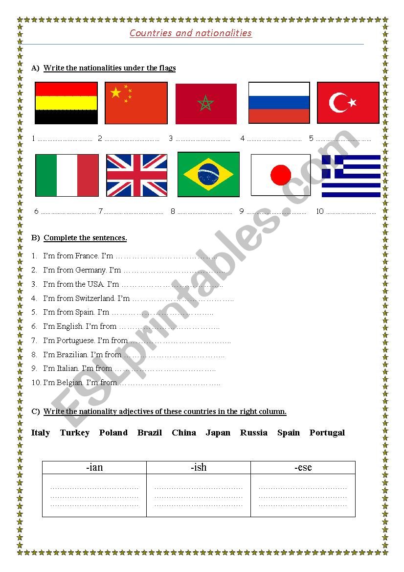 Countries and nationalities worksheet