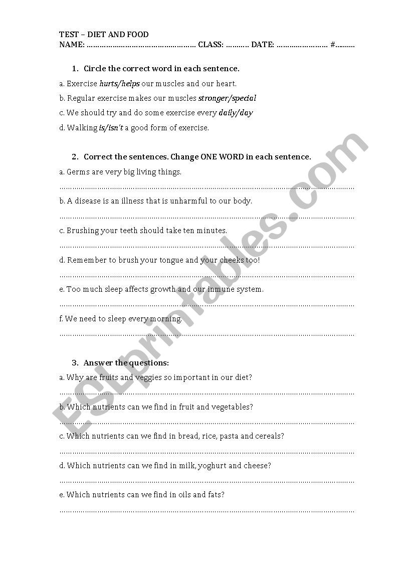 Diet and healthy food test worksheet