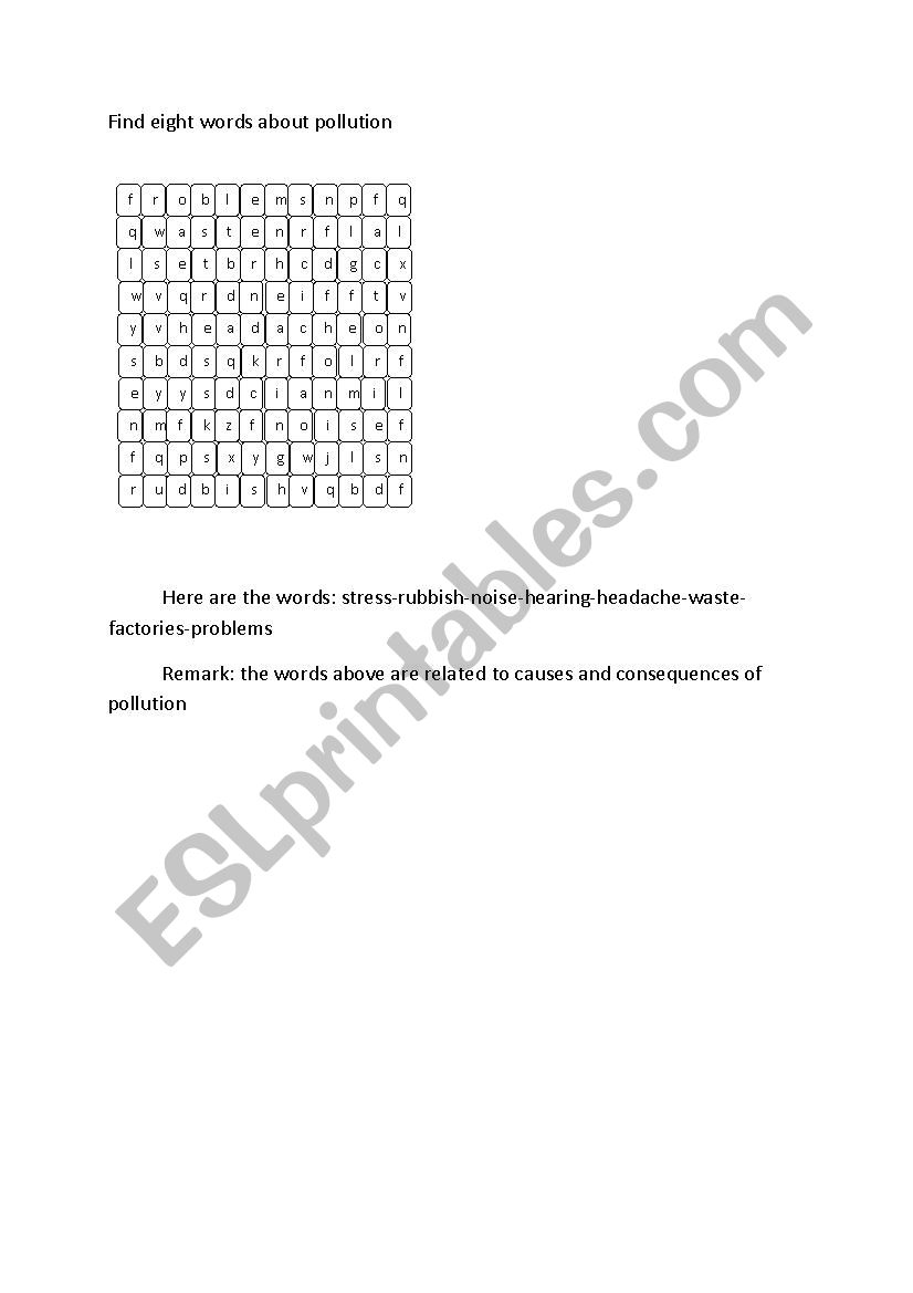 word search-pollution worksheet