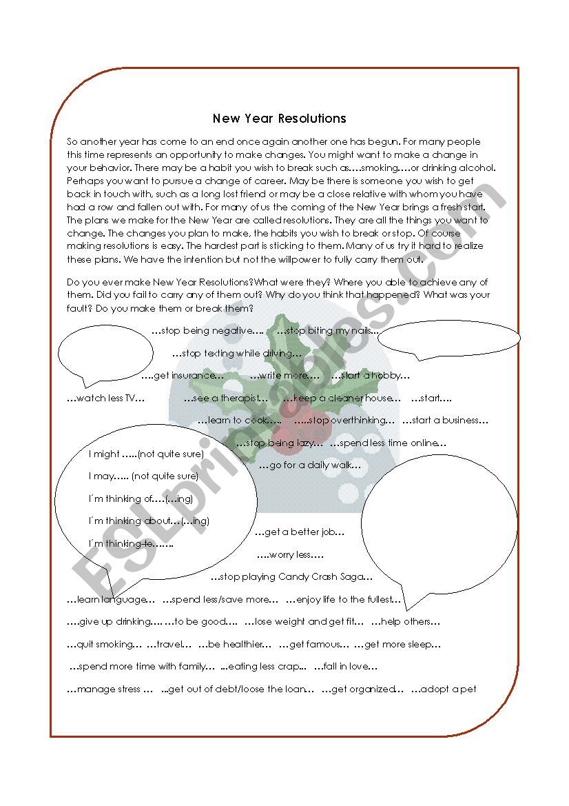 New Years Resolutios worksheet