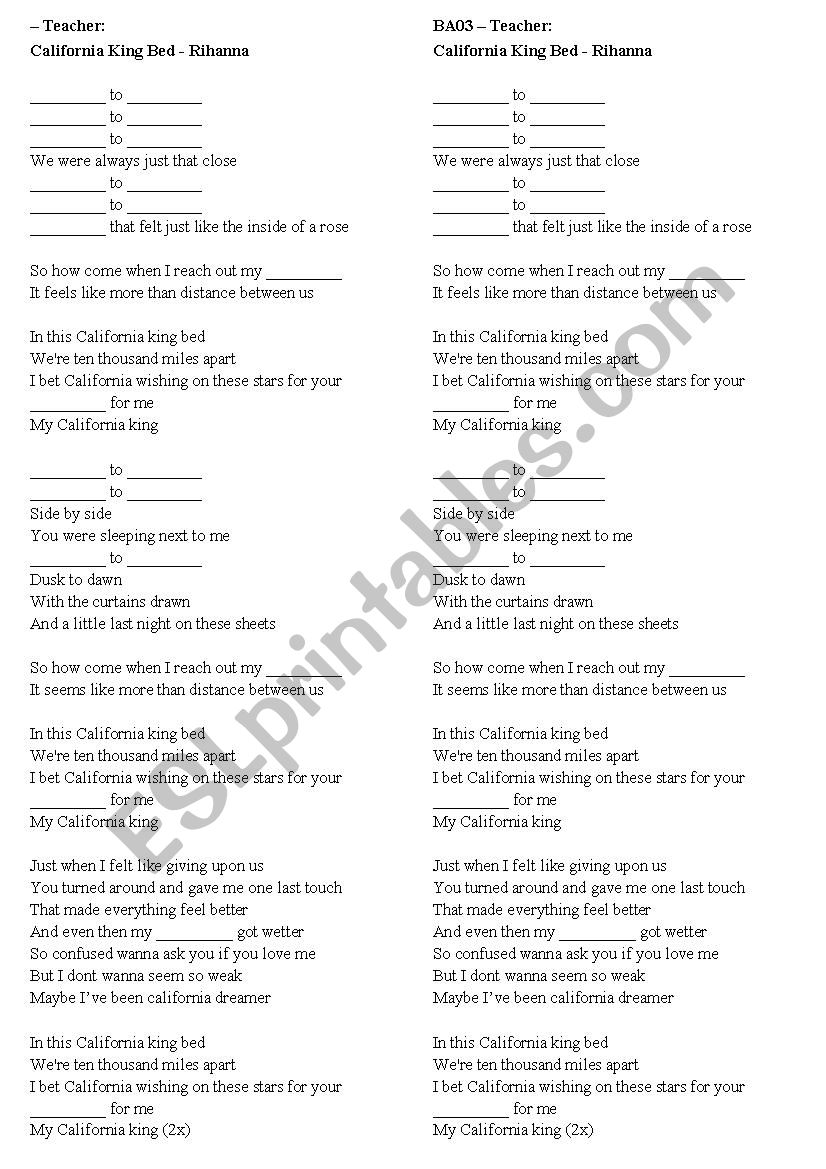 California King Bed worksheet
