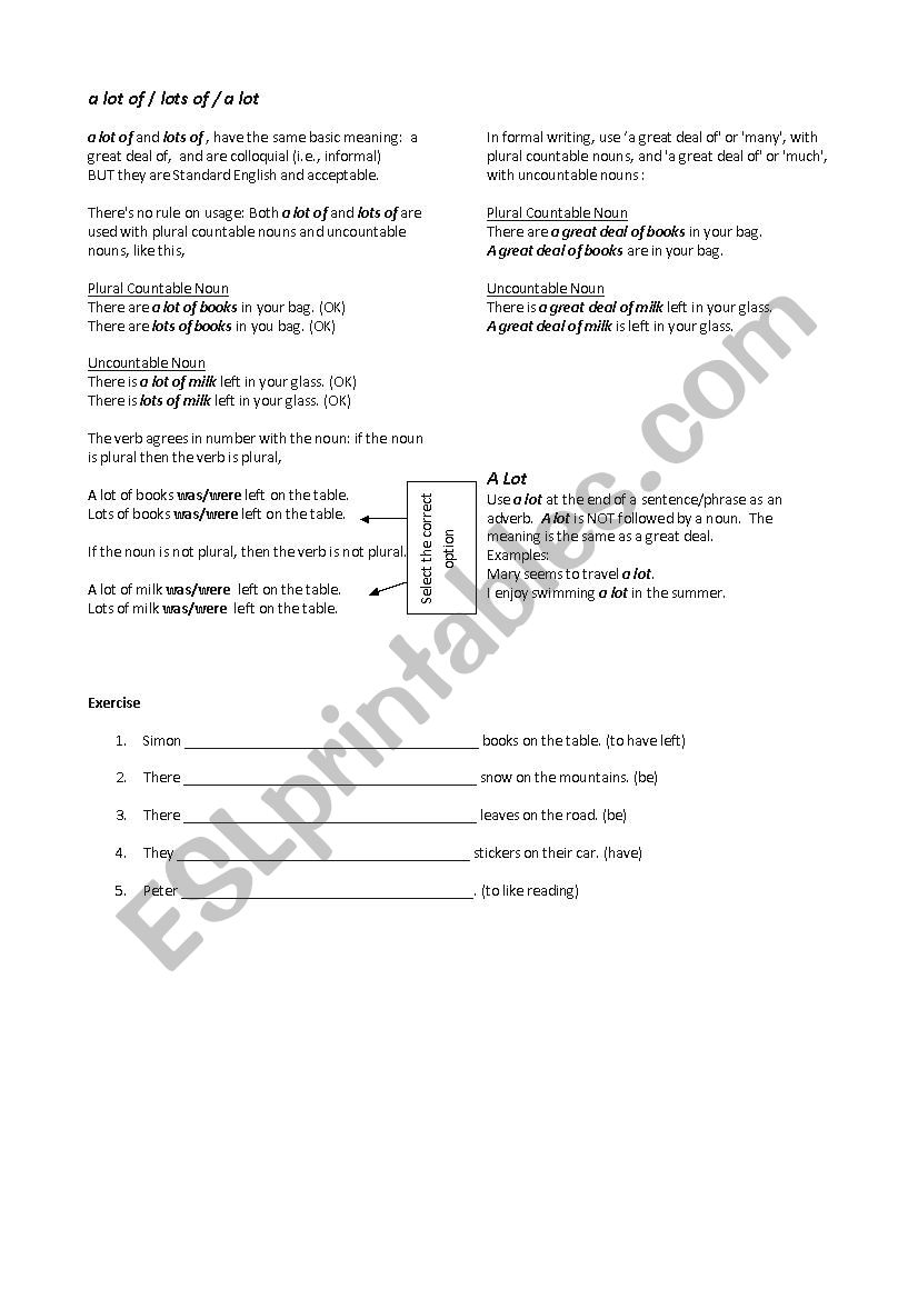 a lot of / lots of / a lot worksheet