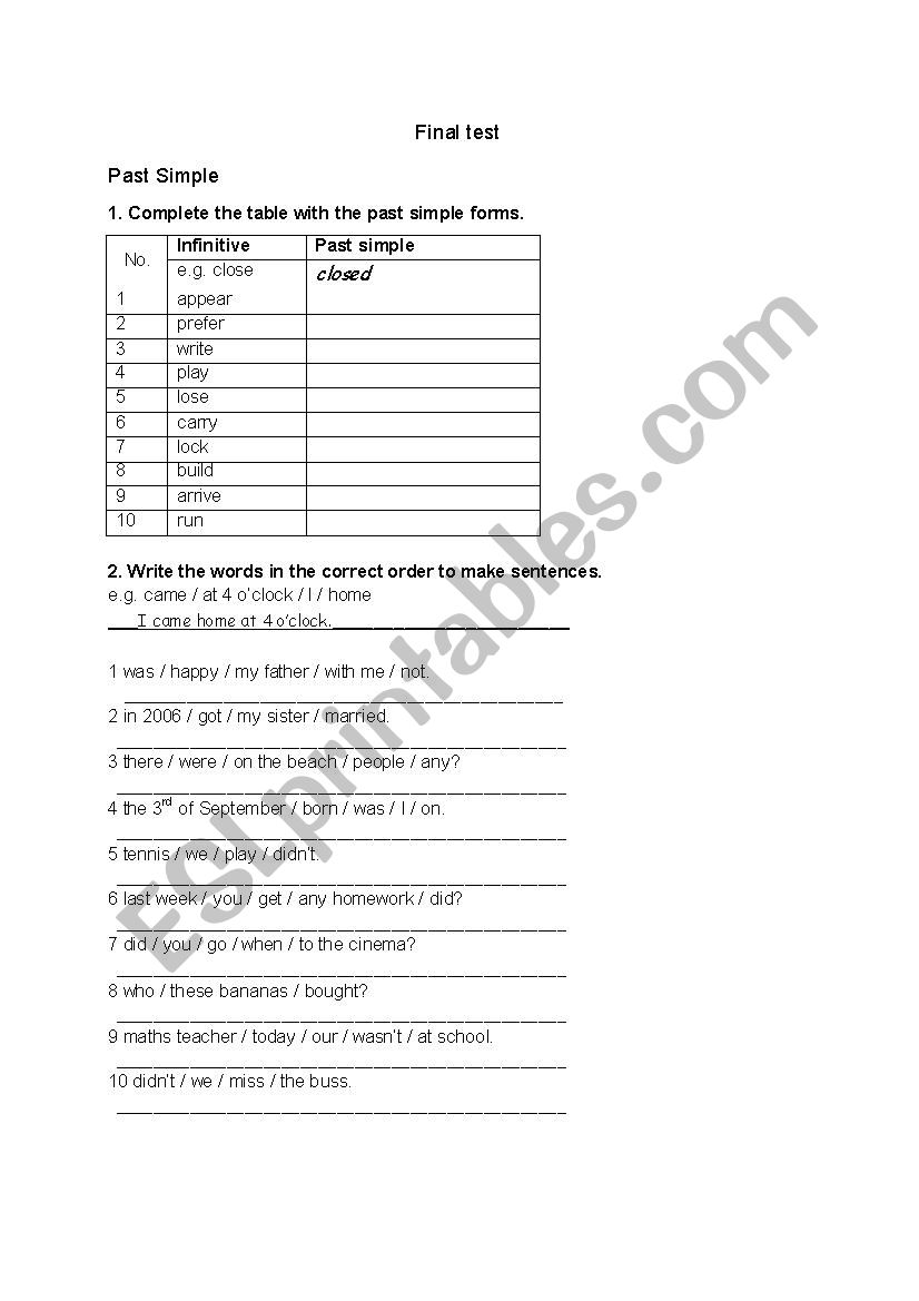 Past Simple exercises 2 worksheet