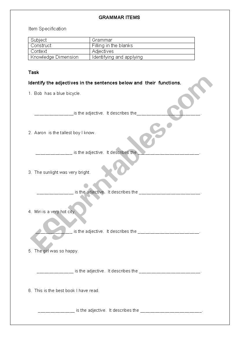 grammar item worksheet