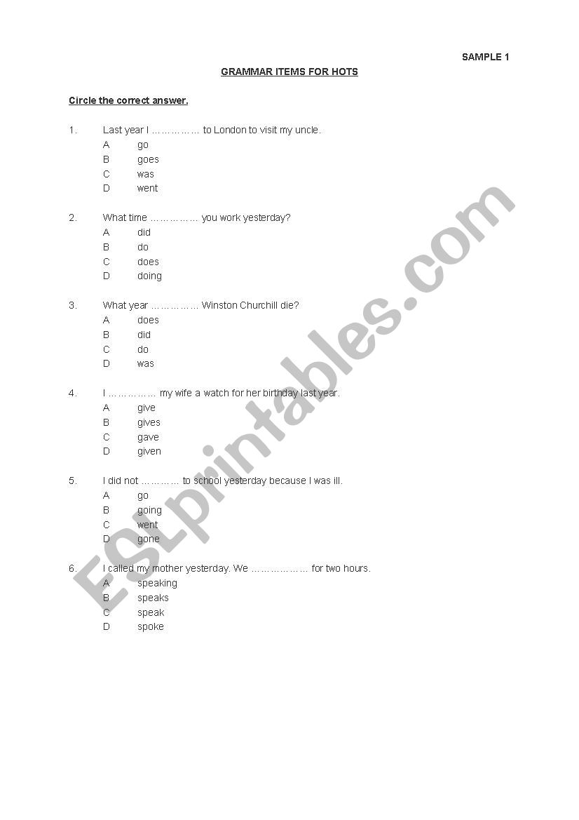 grammar item worksheet