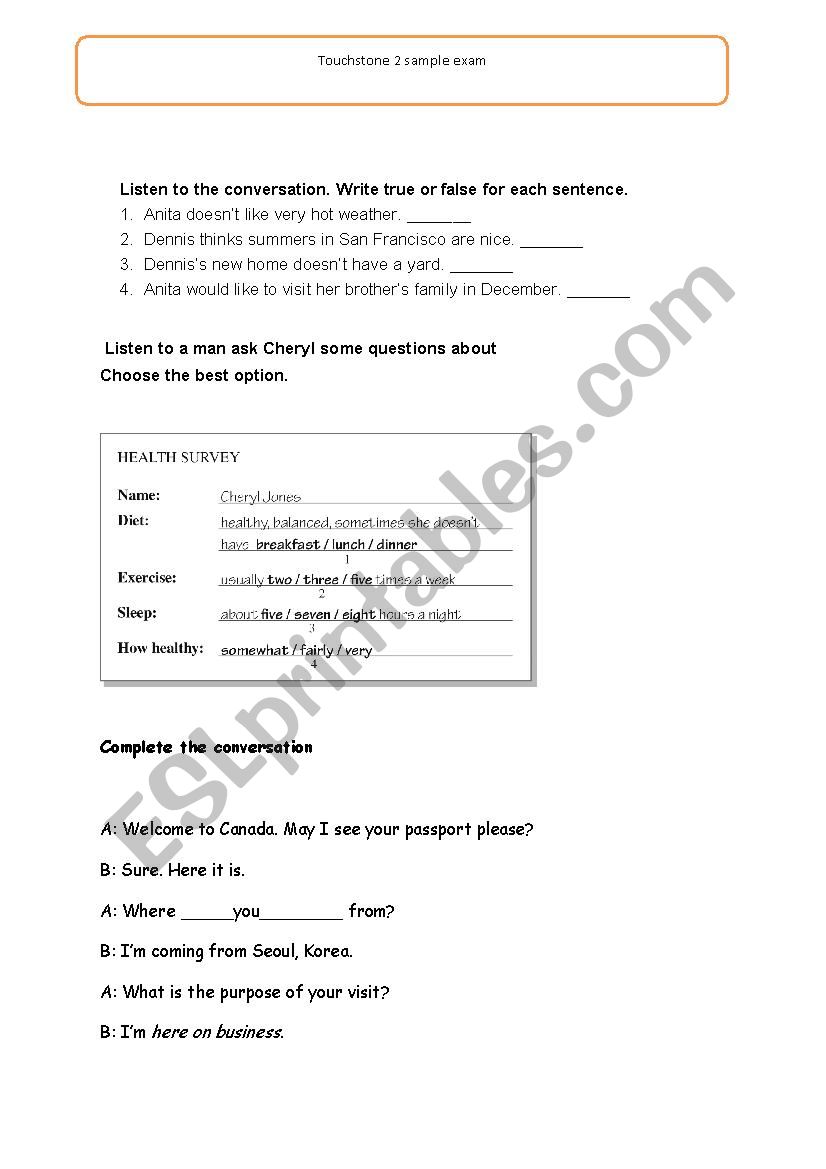 Touchstone 2 Final Exam worksheet