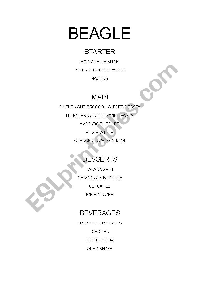 RESTAURANT MENU worksheet