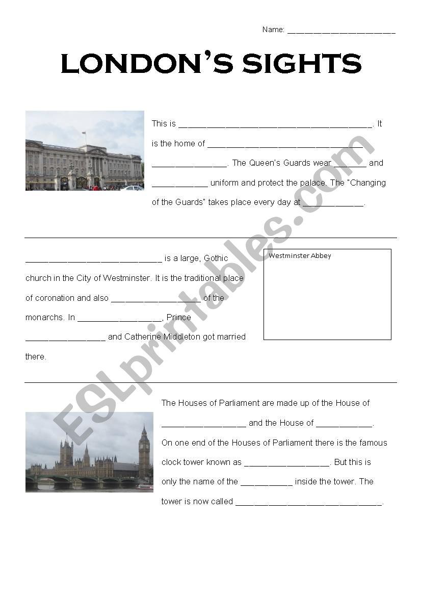 London sightseeing worksheet