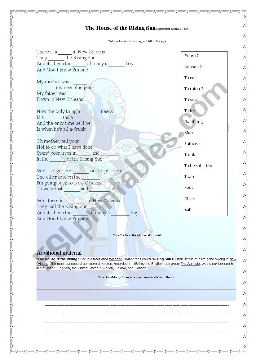 Song Worksheet The House of Rising Sun