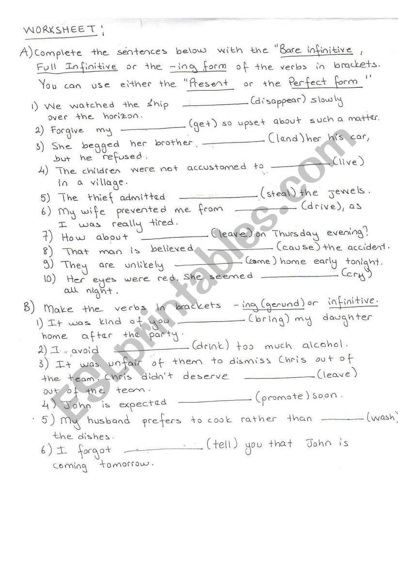 infinitive worksheet