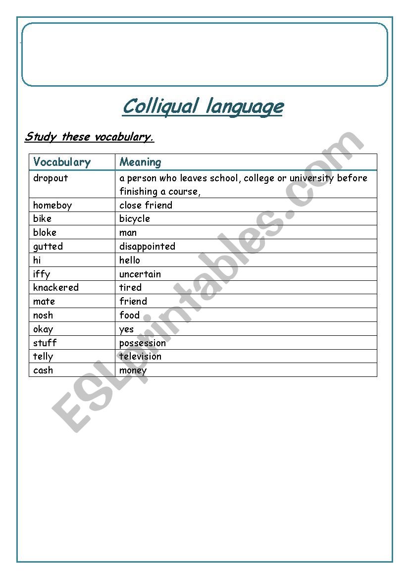 colliqual langua worksheet