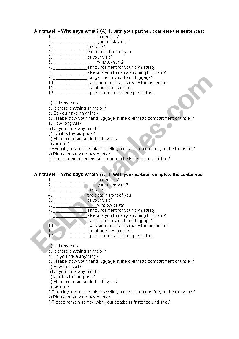 At the airport worksheet