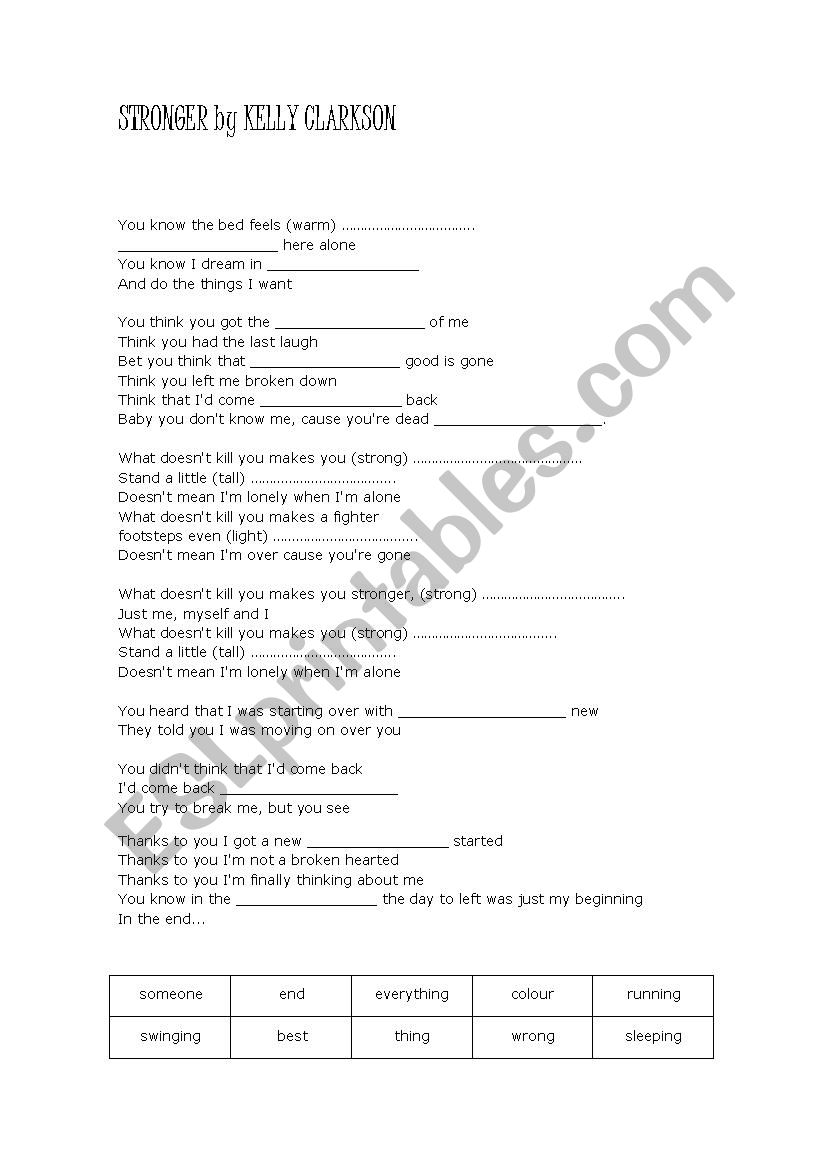 Stronger by Kelly Clarckson worksheet