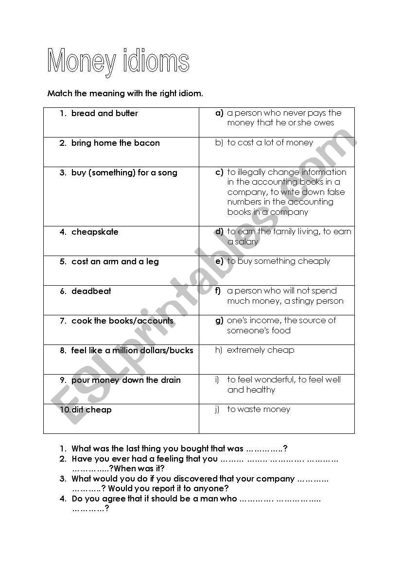 Money idioms worksheet