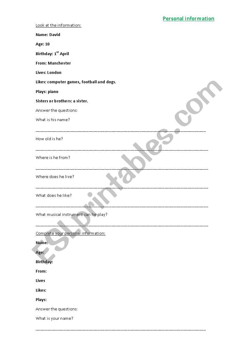 PERSONAL INFORMATION worksheet