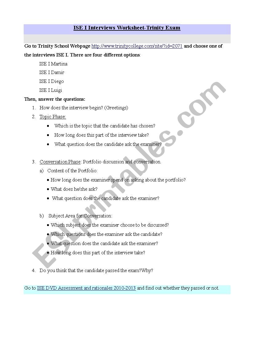 ISE I Interview Worksheet worksheet