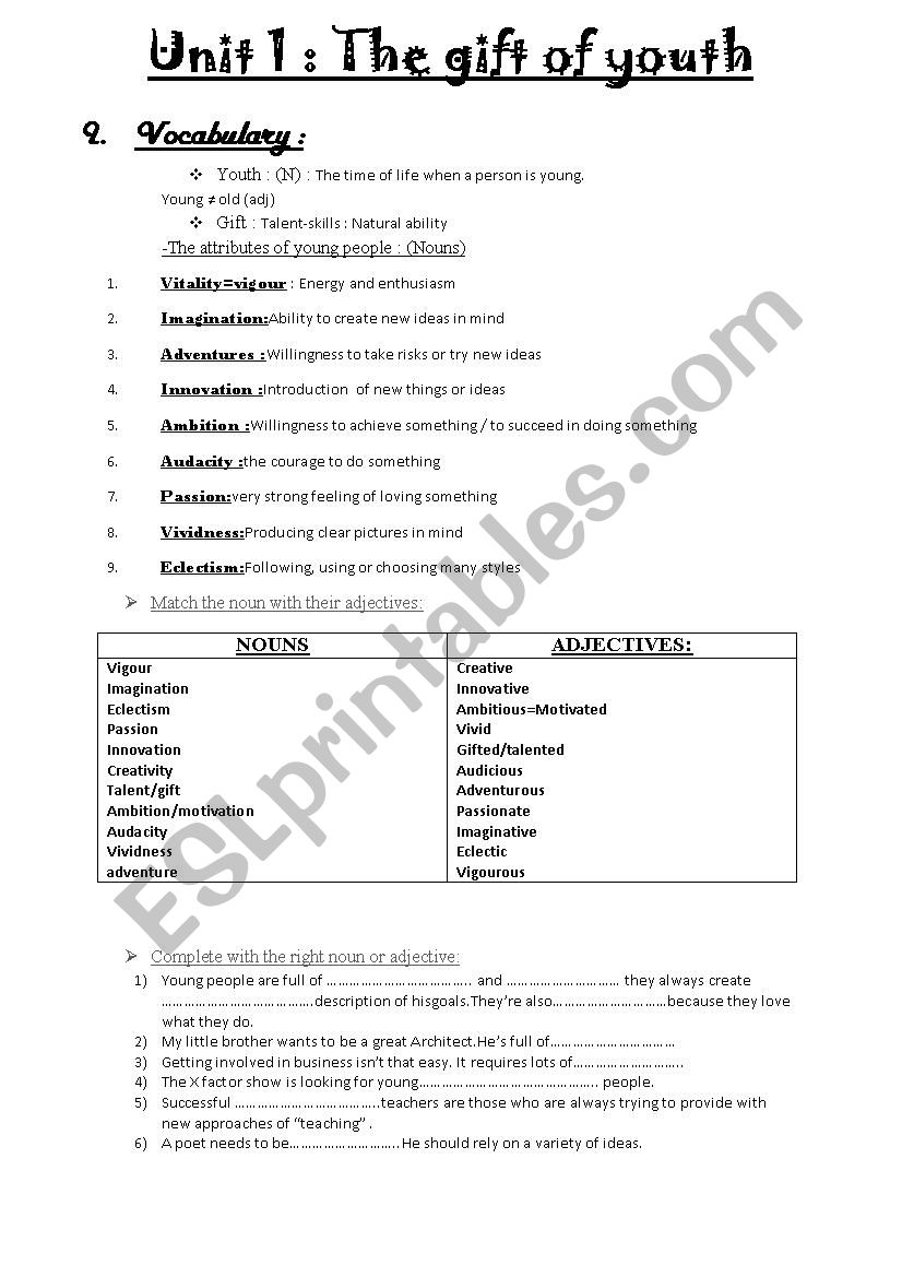 Gift of youth worksheet