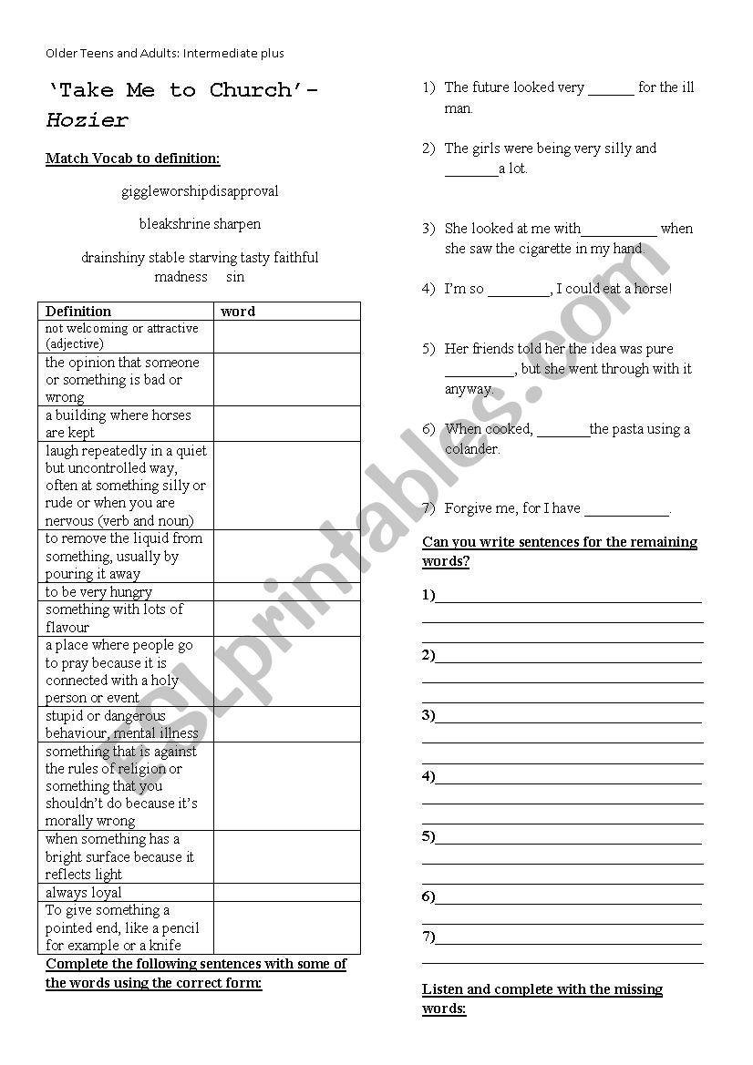 Take Me to Church- Hozier worksheet