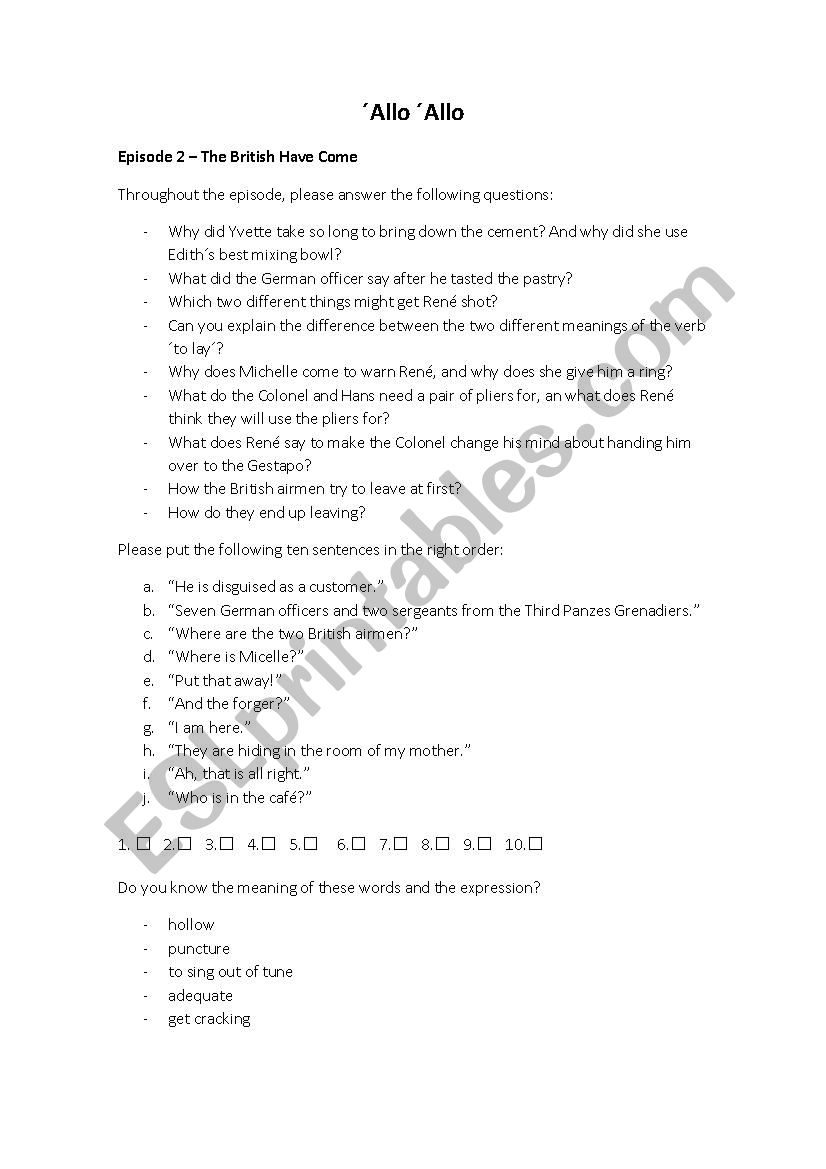Â´Allo Â´Allo episode 2 worksheet