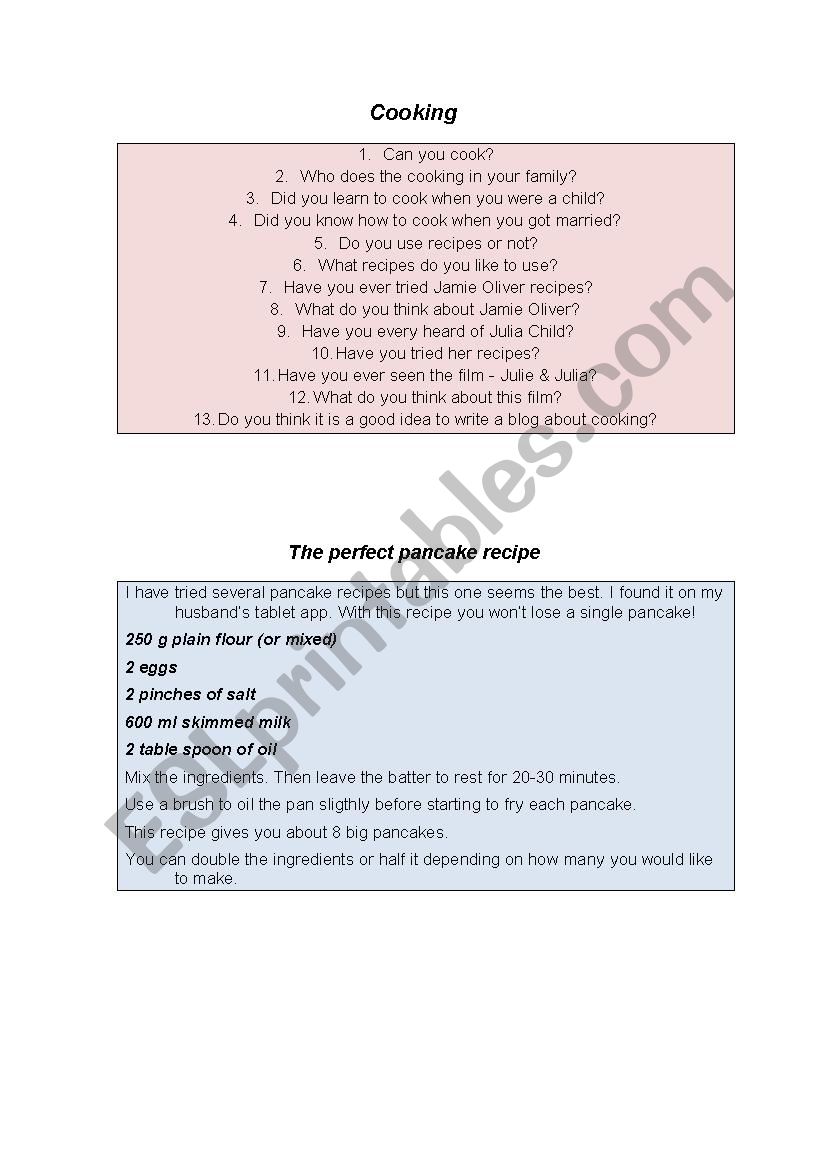 LETS TALK - Cooking worksheet