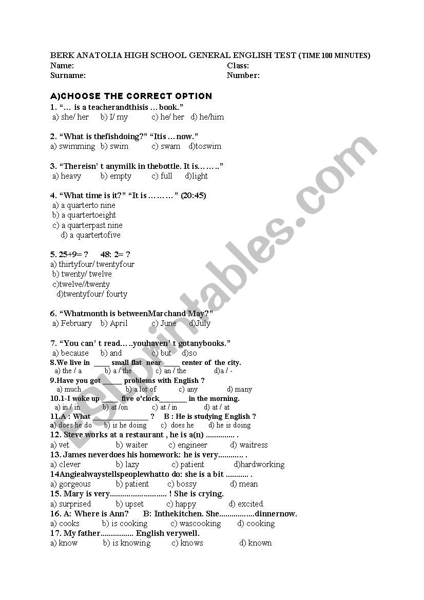 general test worksheet