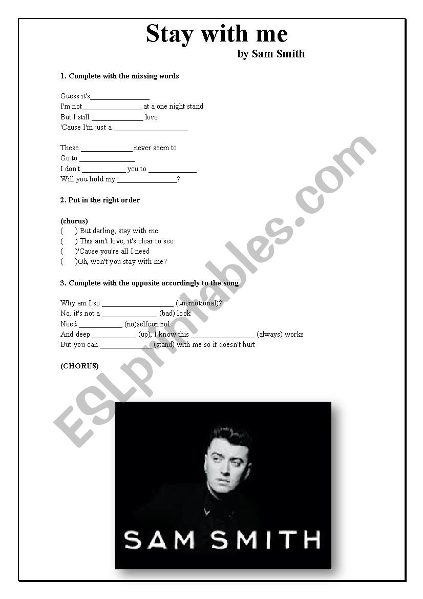 Stay with me - Sam Smith worksheet