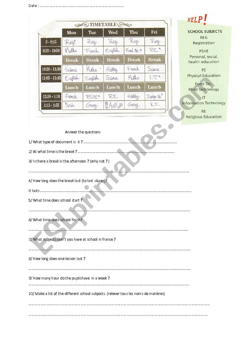 timetable worksheet