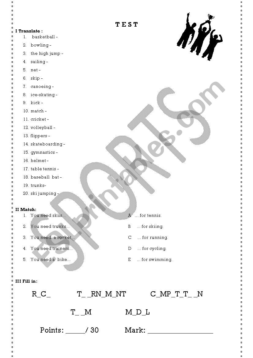 Sports -  a short test worksheet