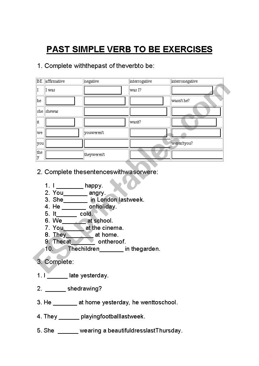 Past Simple verb to be exercises