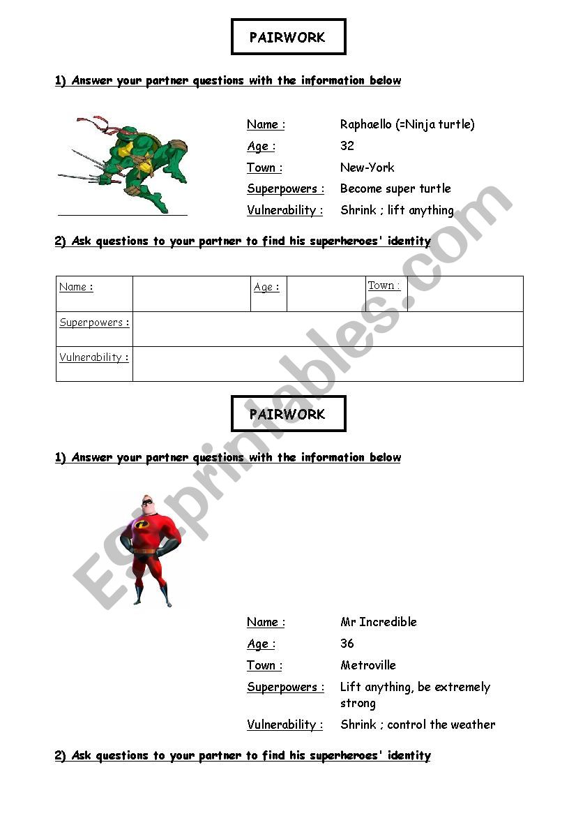 Superheroes Identity Pairwork / Role Play 1 and abilities (can / cant) 3/3