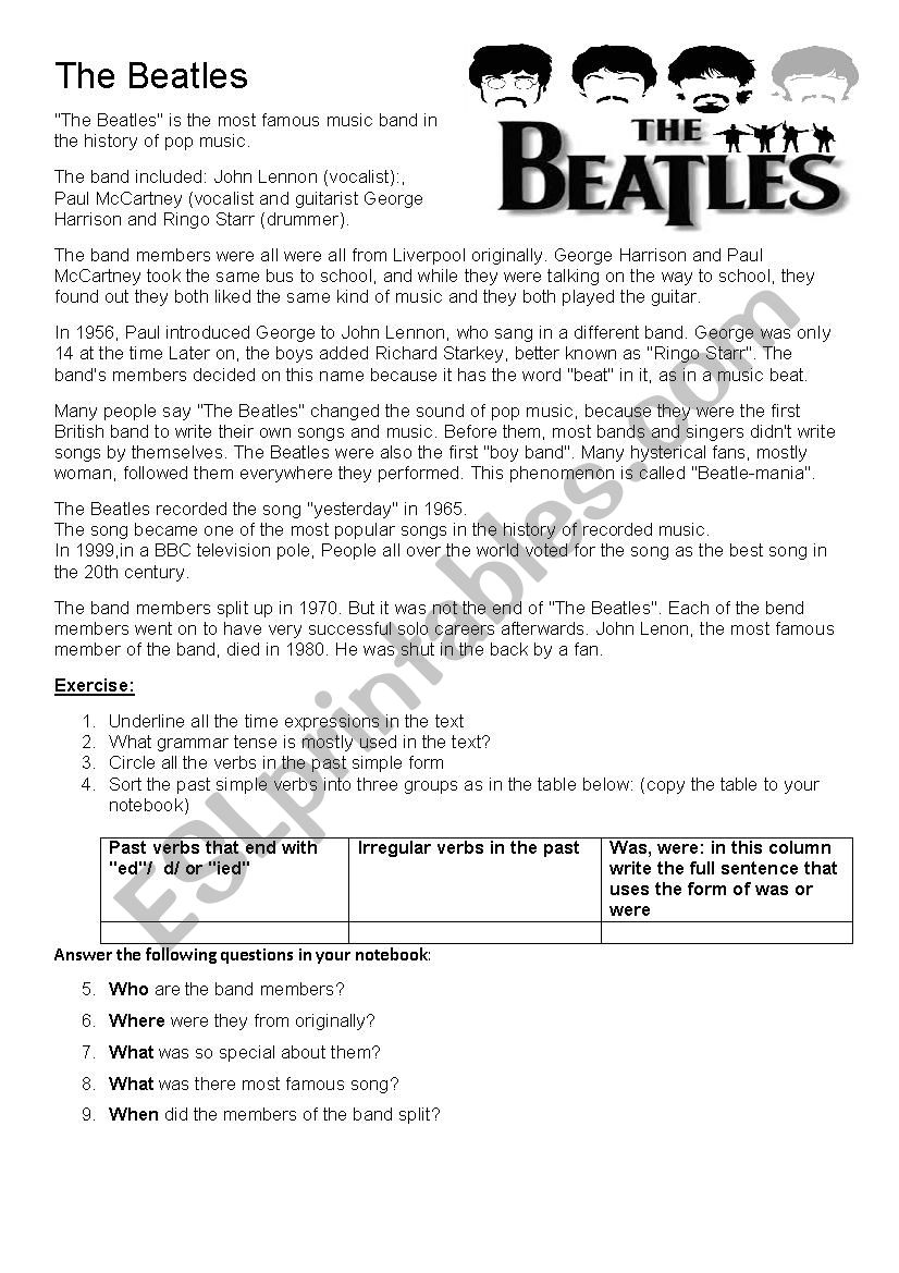 The Beatles- grammar and reading practice