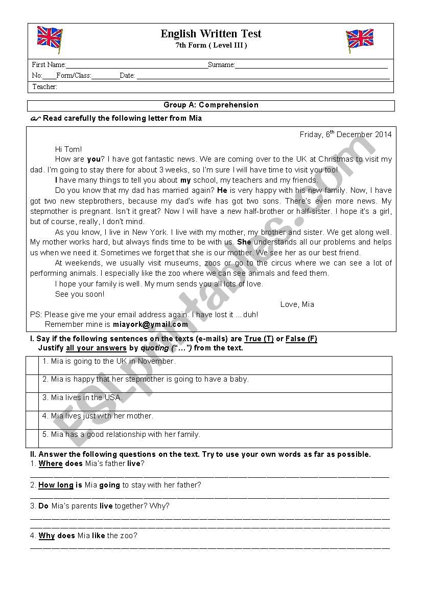 Test _ Family worksheet