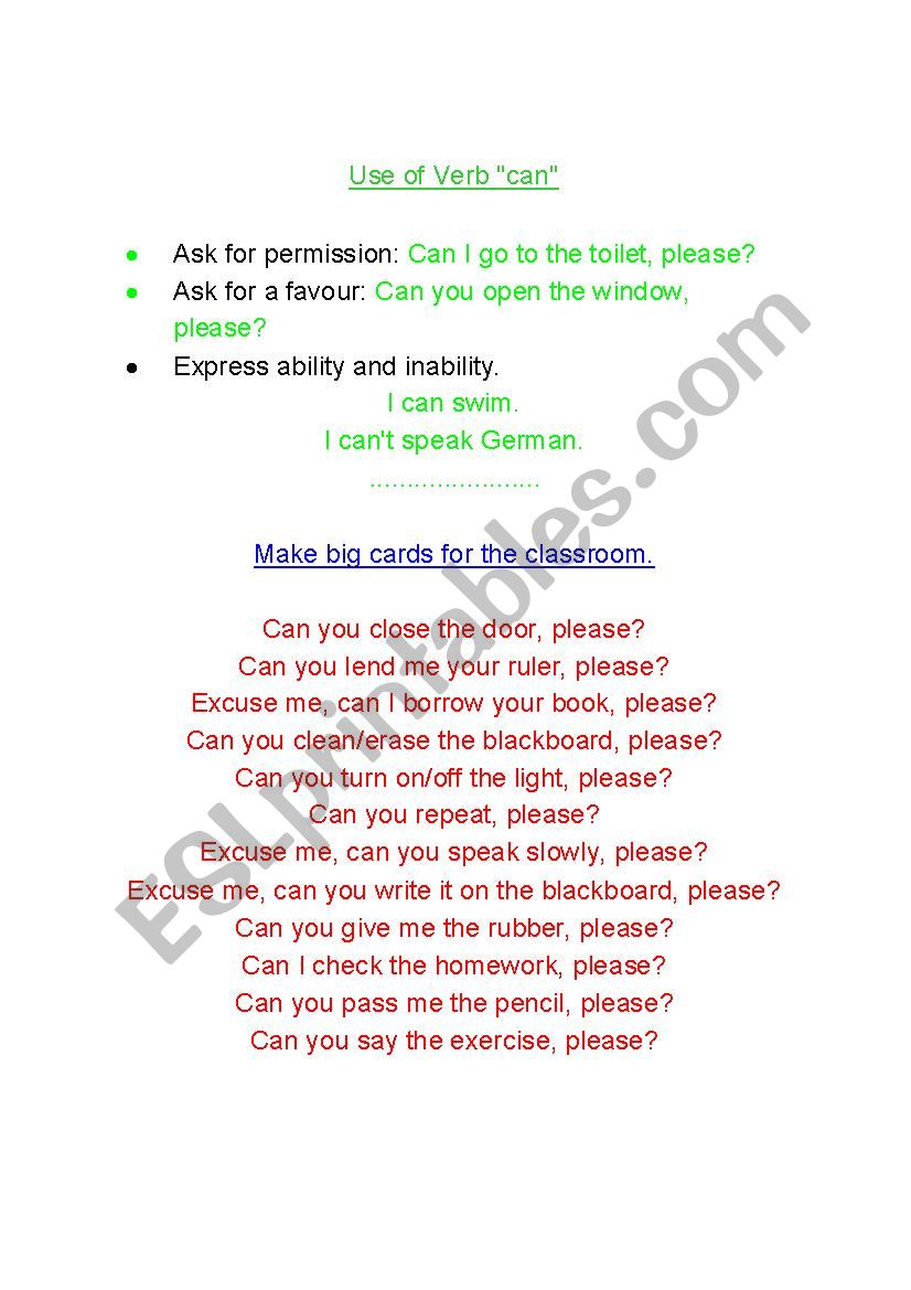 Use of Verb Can worksheet
