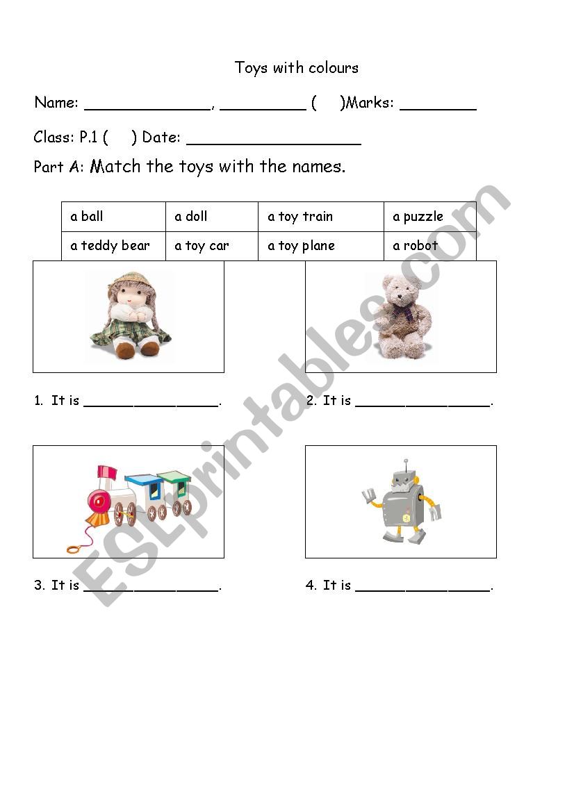 Toys with colours worksheet