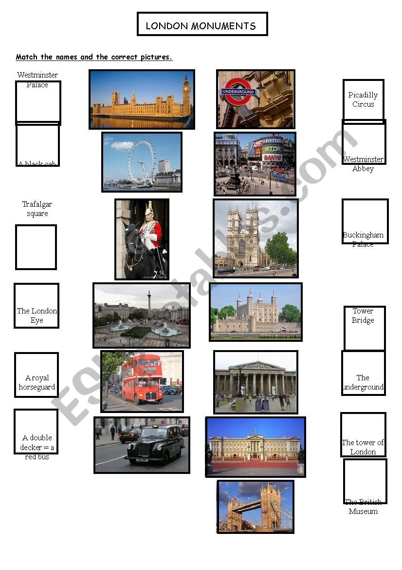 London Monuments and Places and Cultural things - Matching exercice